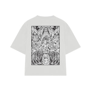 Playera streetwear premium de anime y gaming ExtraLife MX, corte boxy oversized drop shoulder heavyweight en color Deep Black y Off-White, moda urbana mexicana de culto.