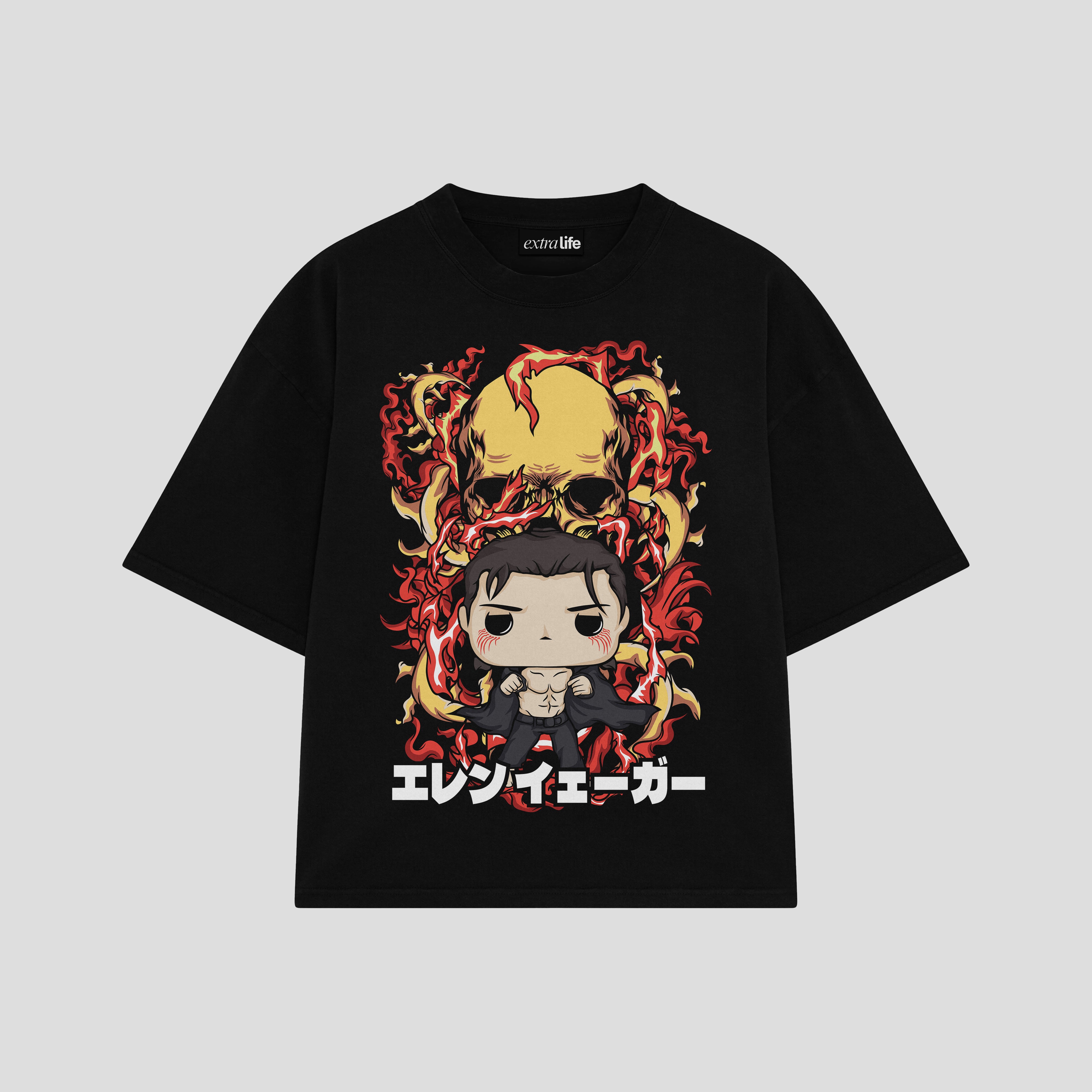 Playera streetwear premium de anime y gaming ExtraLife MX, corte boxy oversized drop shoulder heavyweight en color Deep Black y Off-White, moda urbana mexicana de culto.