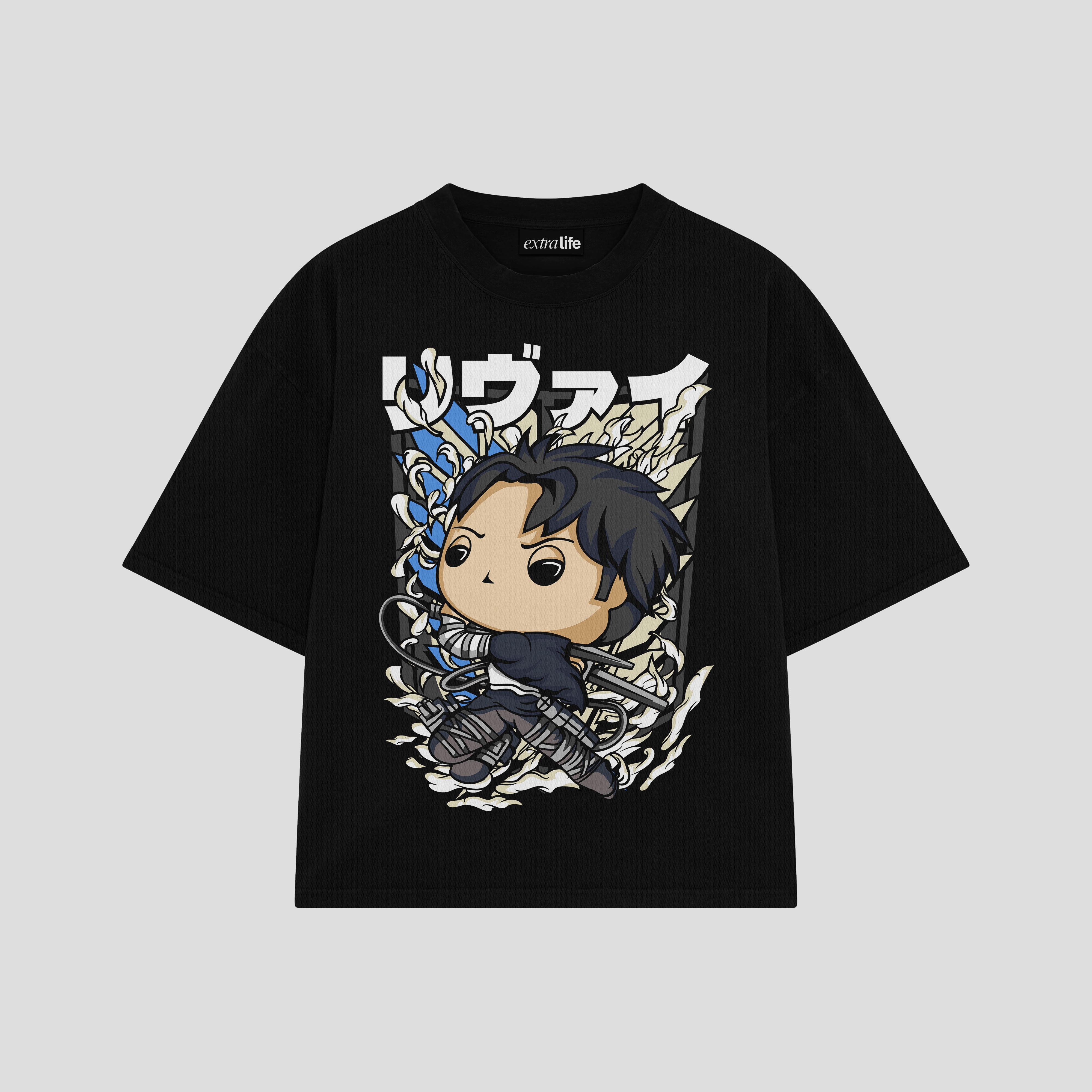 Playera streetwear premium de anime y gaming ExtraLife MX, corte boxy oversized drop shoulder heavyweight en color Deep Black y Off-White, moda urbana mexicana de culto.