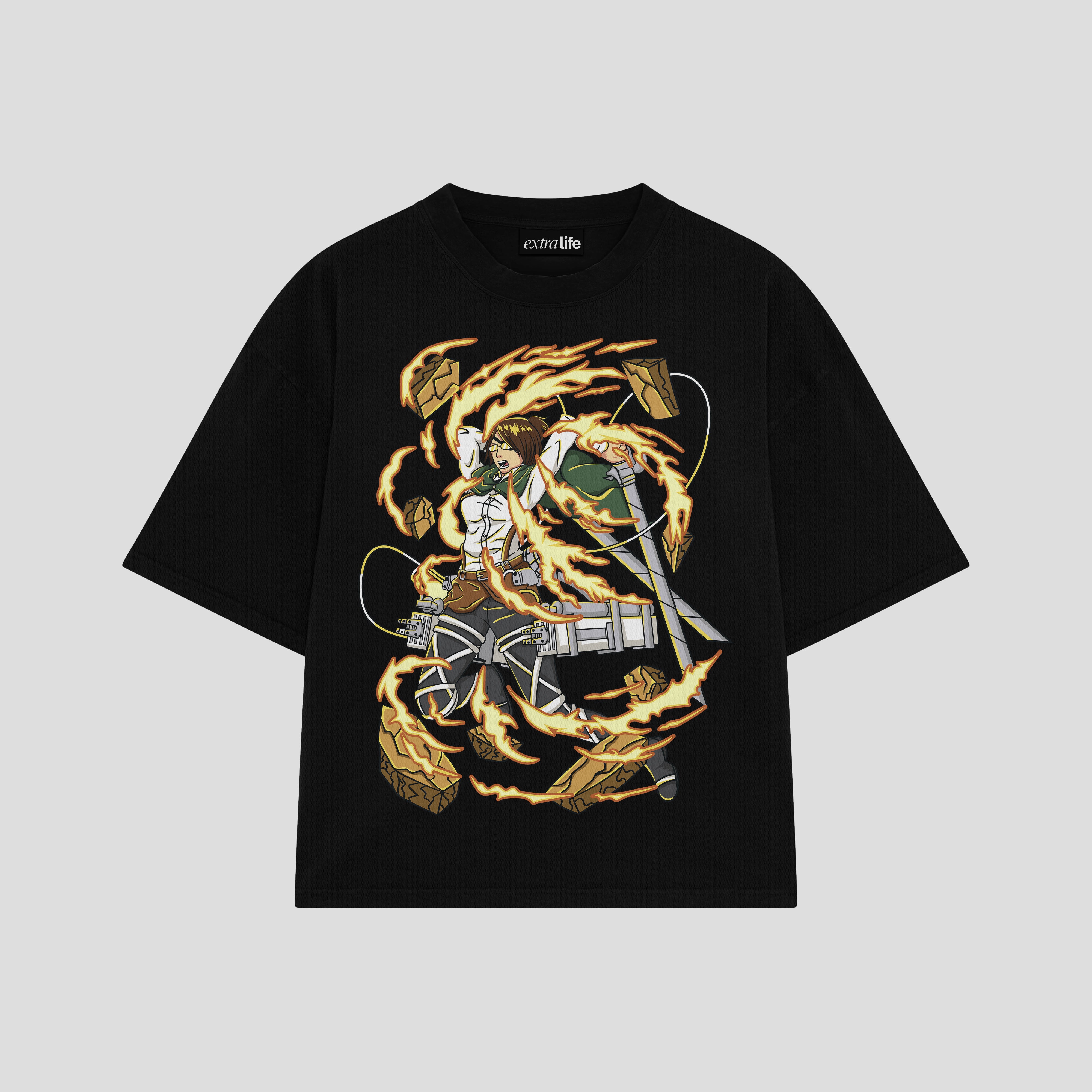 Playera streetwear premium de anime y gaming ExtraLife MX, corte boxy oversized drop shoulder heavyweight en color Deep Black y Off-White, moda urbana mexicana de culto.