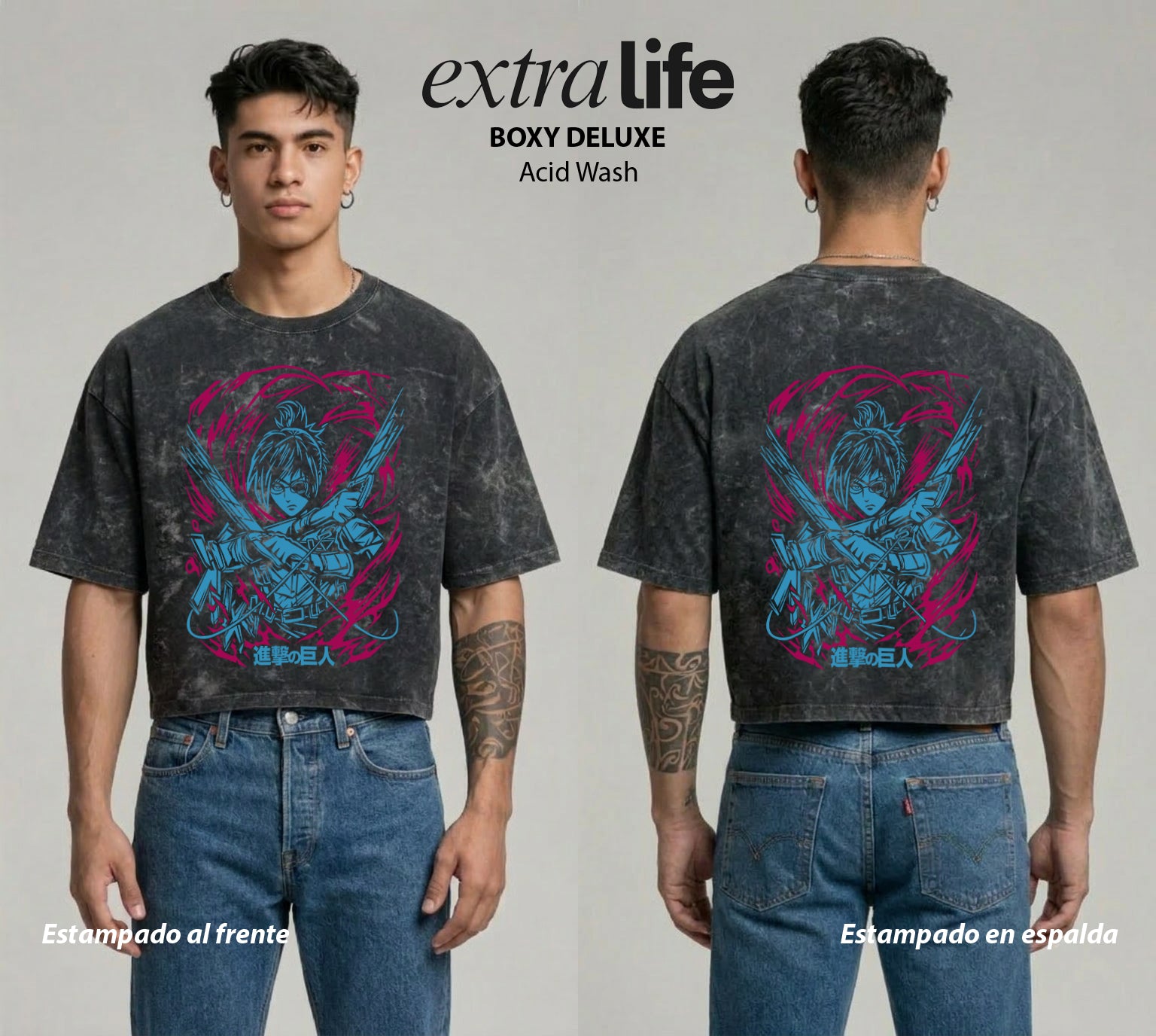 Playera streetwear premium de anime y gaming ExtraLife MX, corte boxy deluxe mineral wash heavyweight en color Acid Wash, moda urbana mexicana de culto.