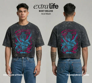 Playera streetwear premium de anime y gaming ExtraLife MX, corte boxy deluxe mineral wash heavyweight en color Acid Wash, moda urbana mexicana de culto.