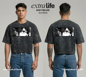Playera streetwear premium de anime y gaming ExtraLife MX, corte boxy deluxe mineral wash heavyweight en color Acid Wash, moda urbana mexicana de culto.