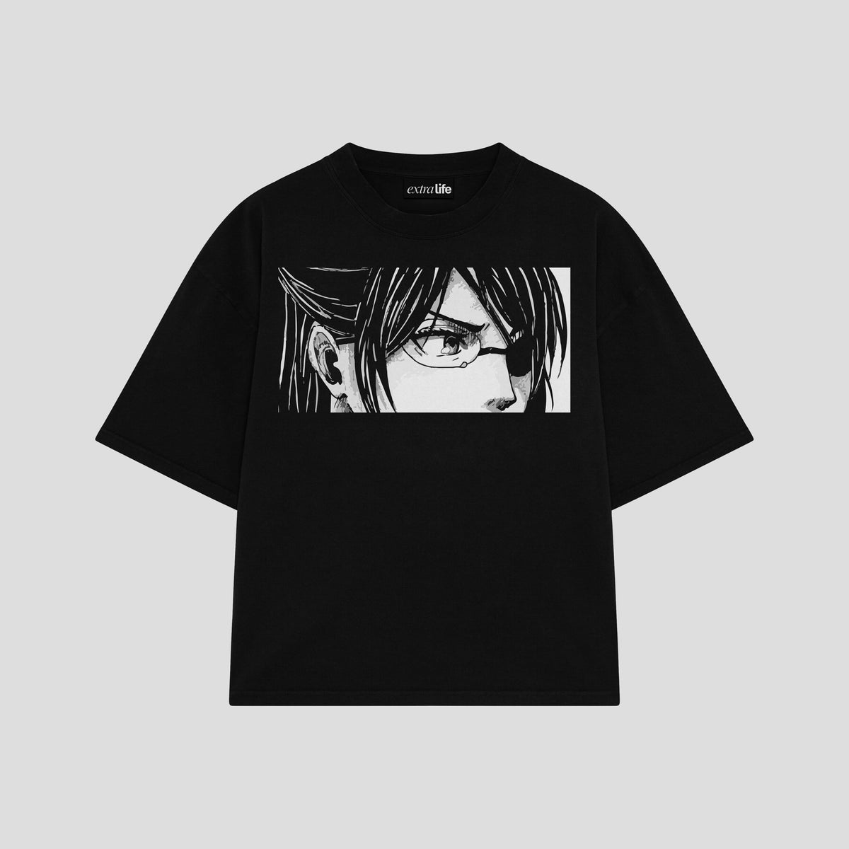 Playera streetwear premium de anime y gaming ExtraLife MX, corte oversized drop shoulder ligero y fresco en color Deep Black y Off-White, moda urbana mexicana de culto.