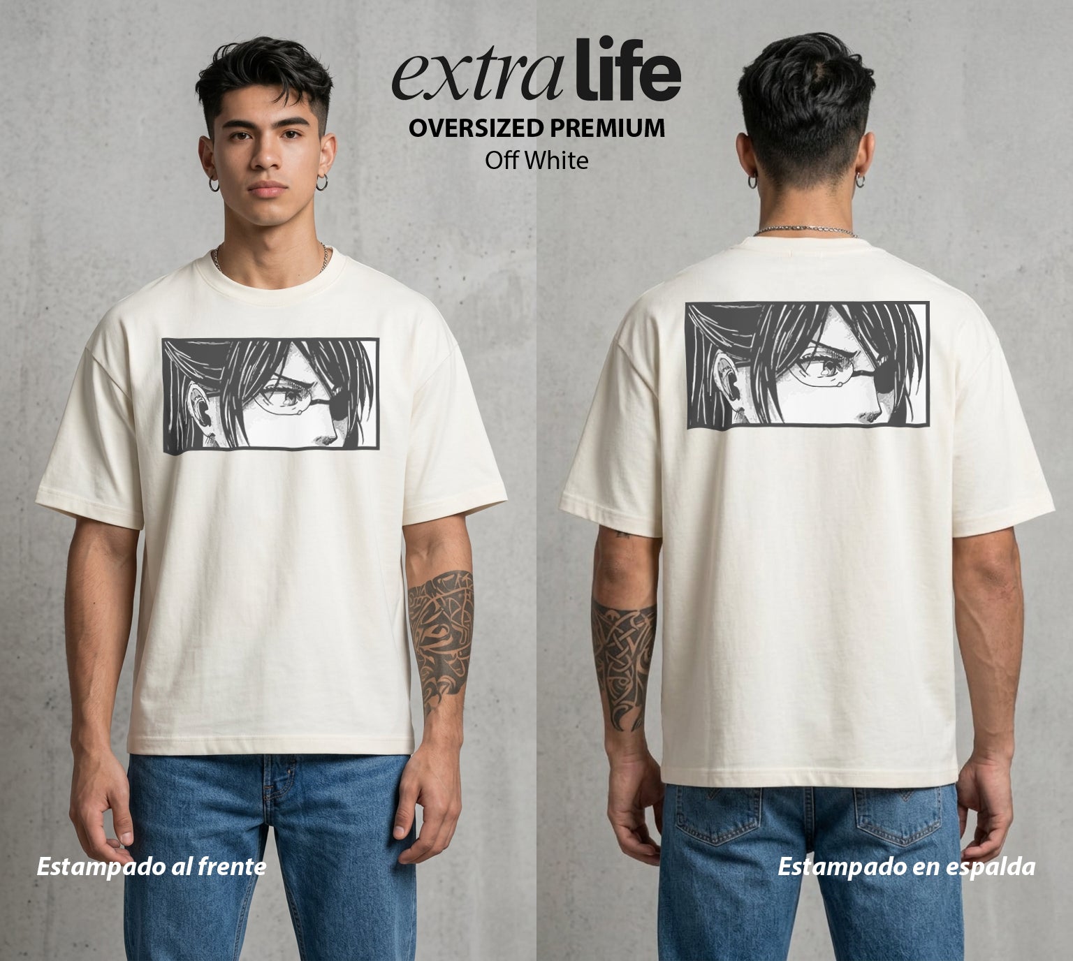 Mas Alla del Muro | La Loca de los Titanes #00104 - Playera Oversized Premium | Off White - Foto en modelo