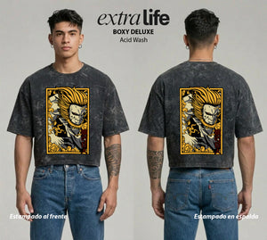 Playera streetwear premium de anime y gaming ExtraLife MX, corte boxy deluxe mineral wash heavyweight en color Acid Wash, moda urbana mexicana de culto.