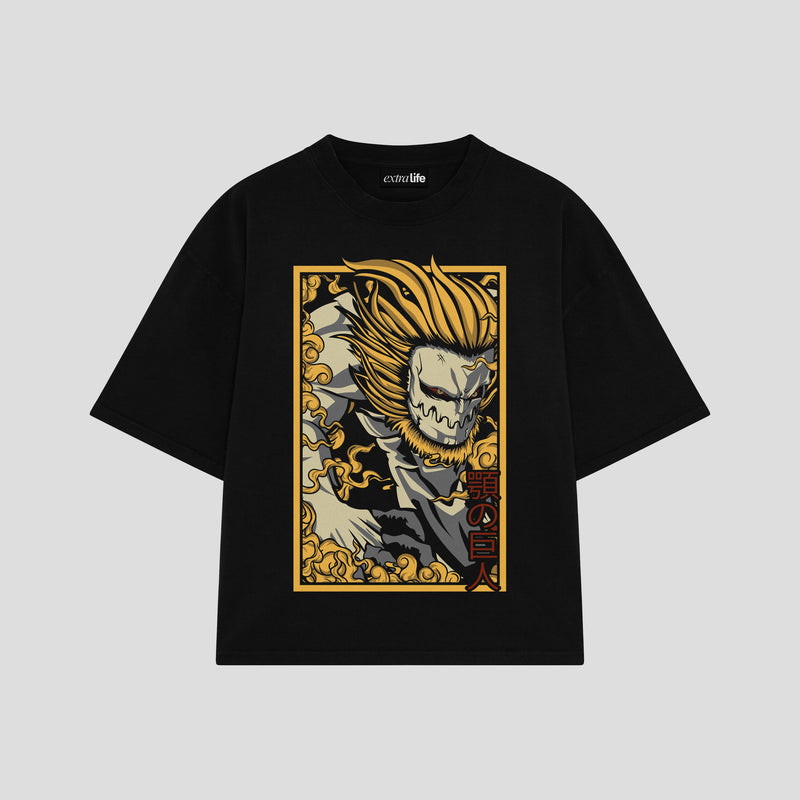 Playera streetwear premium de anime y gaming ExtraLife MX, corte boxy oversized drop shoulder heavyweight en color Deep Black y Off-White, moda urbana mexicana de culto.