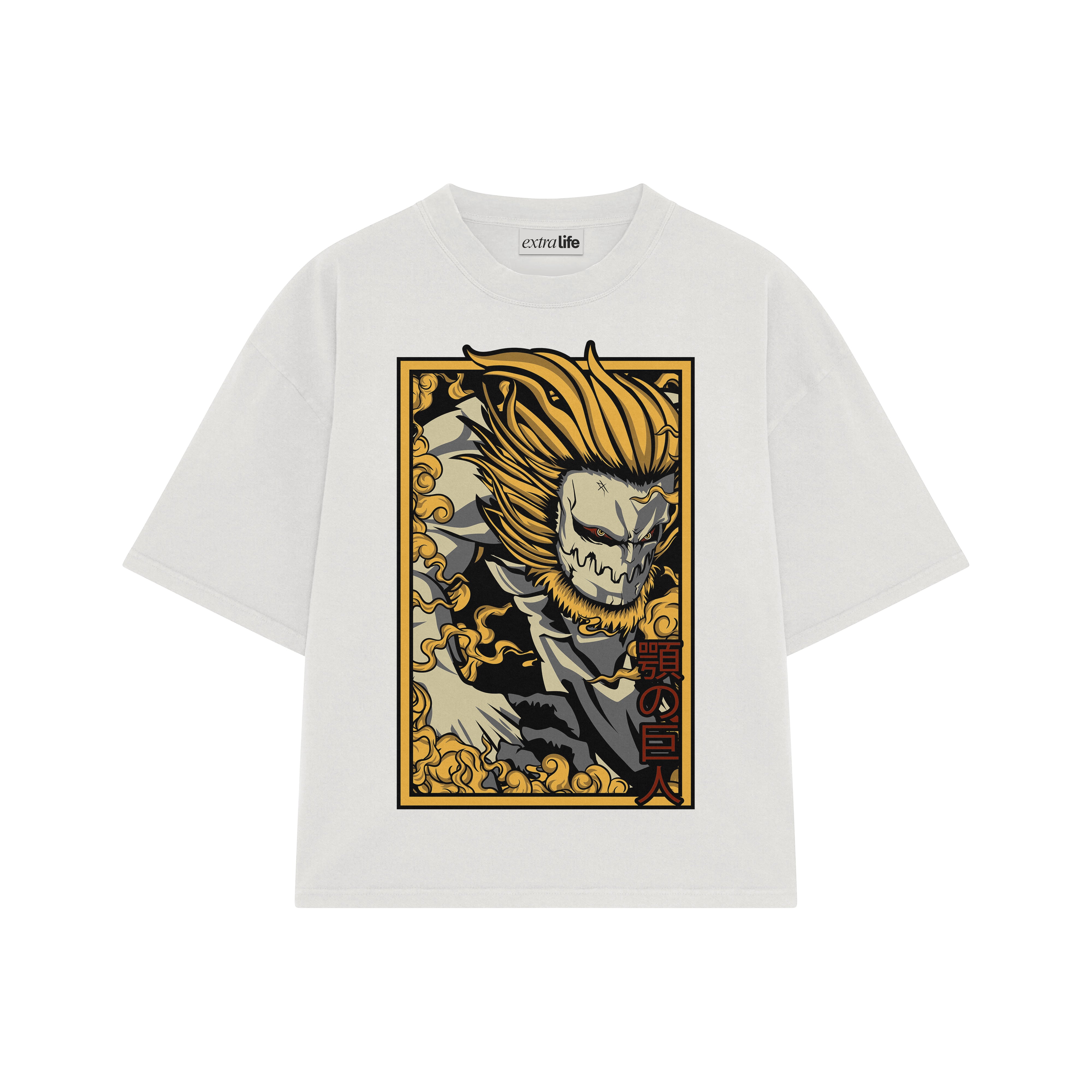 Playera streetwear premium de anime y gaming ExtraLife MX, corte boxy oversized drop shoulder heavyweight en color Deep Black y Off-White, moda urbana mexicana de culto.