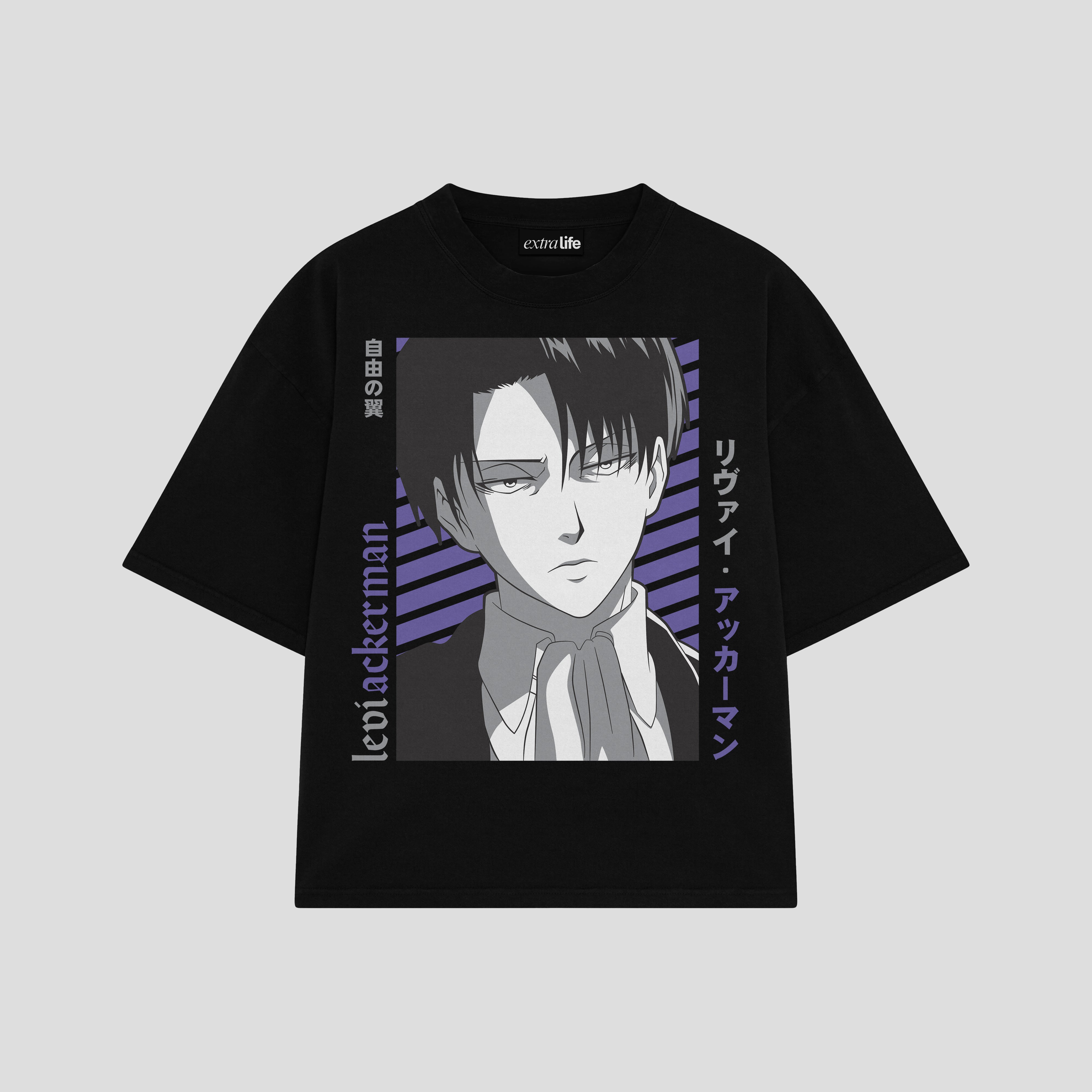 Playera streetwear premium de anime y gaming ExtraLife MX, corte boxy oversized drop shoulder heavyweight en color Deep Black y Off-White, moda urbana mexicana de culto.