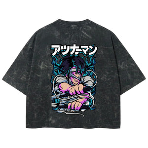 Playera streetwear premium de anime y gaming ExtraLife MX, corte boxy deluxe mineral wash heavyweight en color Acid Wash, moda urbana mexicana de culto.