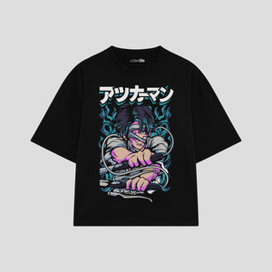 Playera streetwear premium de anime y gaming ExtraLife MX, corte boxy oversized drop shoulder heavyweight en color Deep Black y Off-White, moda urbana mexicana de culto.