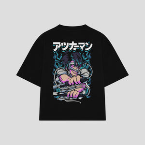 Playera streetwear premium de anime y gaming ExtraLife MX, corte boxy oversized drop shoulder heavyweight en color Deep Black y Off-White, moda urbana mexicana de culto.