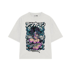 Playera streetwear premium de anime y gaming ExtraLife MX, corte boxy oversized drop shoulder heavyweight en color Deep Black y Off-White, moda urbana mexicana de culto.