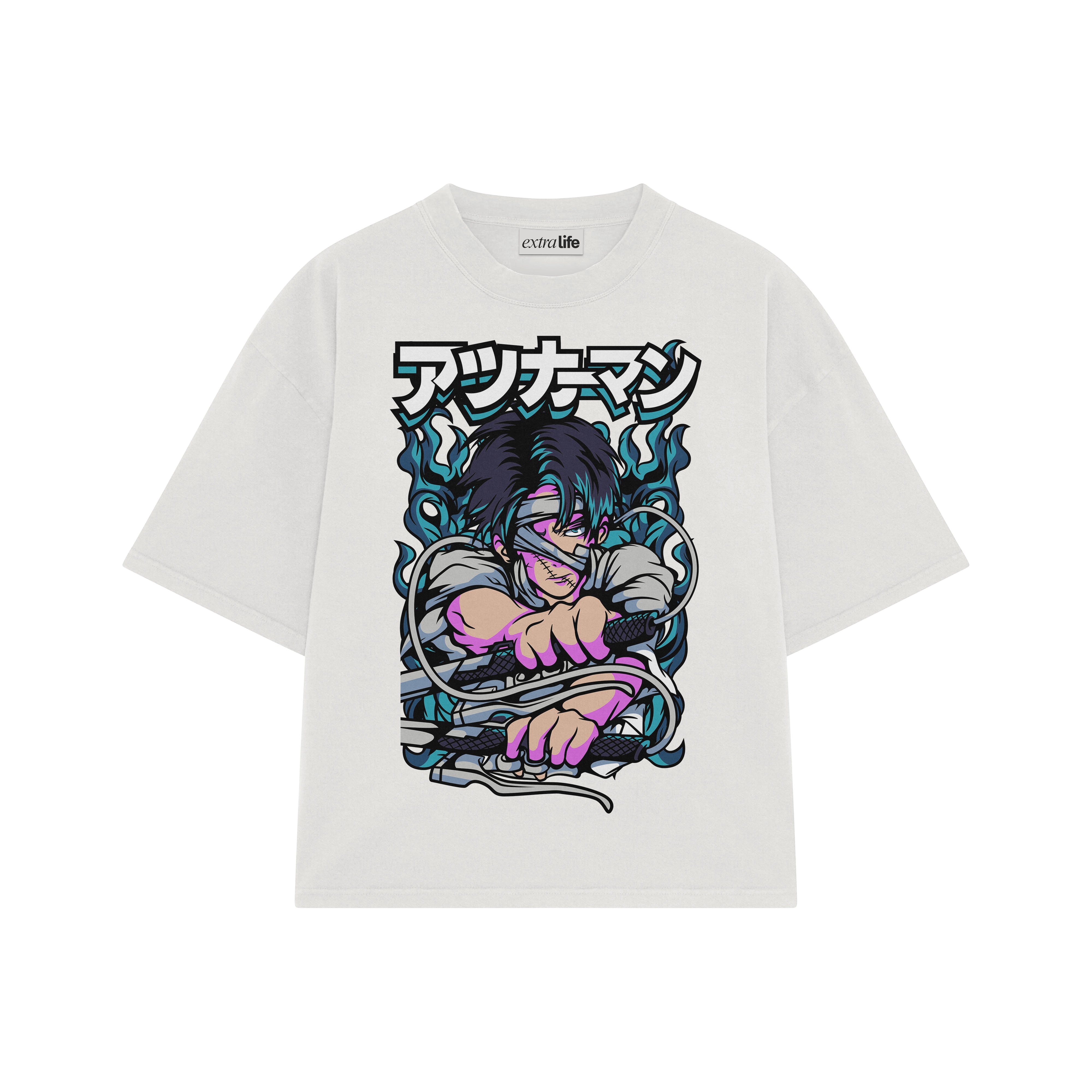 Playera streetwear premium de anime y gaming ExtraLife MX, corte boxy oversized drop shoulder heavyweight en color Deep Black y Off-White, moda urbana mexicana de culto.