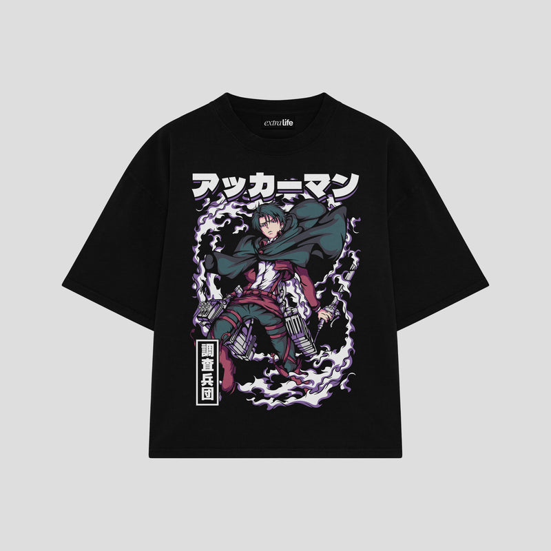 Playera streetwear premium de anime y gaming ExtraLife MX, corte boxy oversized drop shoulder heavyweight en color Deep Black y Off-White, moda urbana mexicana de culto.
