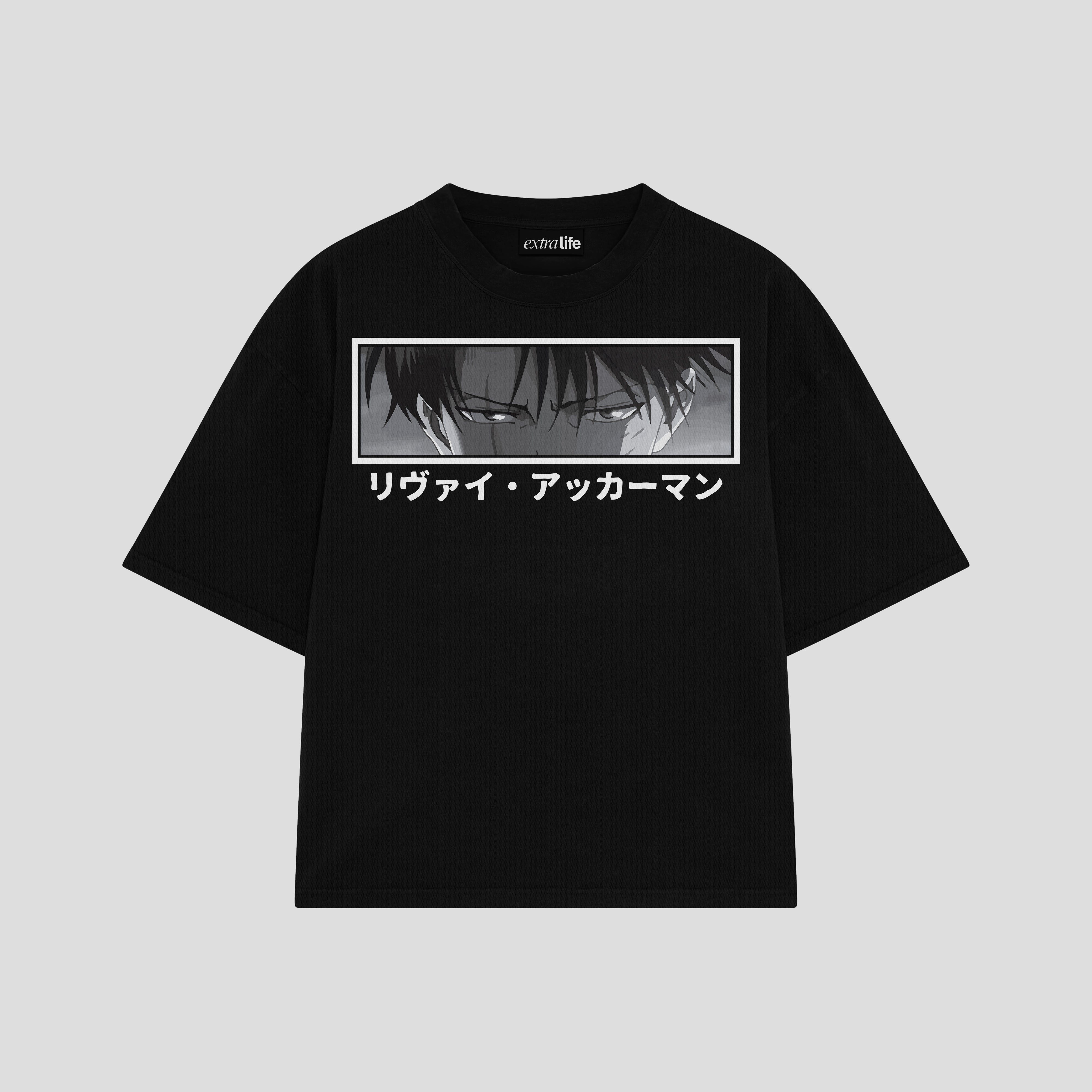 Playera streetwear premium de anime y gaming ExtraLife MX, corte boxy oversized drop shoulder heavyweight en color Deep Black y Off-White, moda urbana mexicana de culto.