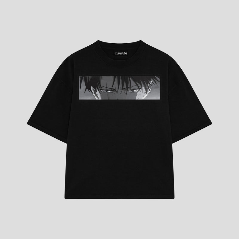 Playera streetwear premium de anime y gaming ExtraLife MX, corte boxy oversized drop shoulder heavyweight en color Deep Black y Off-White, moda urbana mexicana de culto.