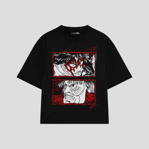 Playera streetwear premium de anime y gaming ExtraLife MX, corte boxy oversized drop shoulder heavyweight en color Deep Black y Off-White, moda urbana mexicana de culto.