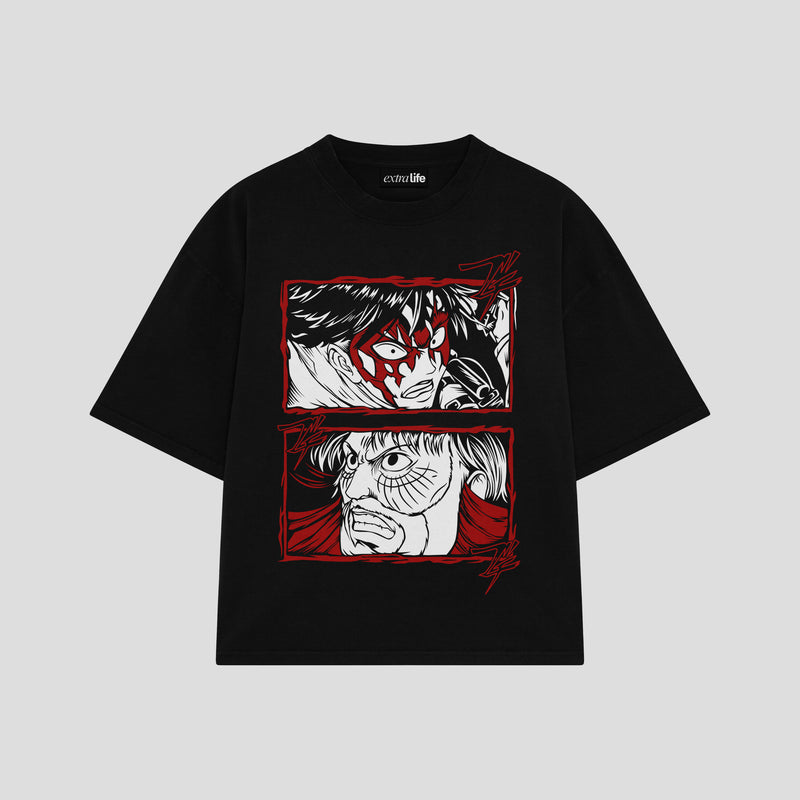 Playera streetwear premium de anime y gaming ExtraLife MX, corte boxy oversized drop shoulder heavyweight en color Deep Black y Off-White, moda urbana mexicana de culto.