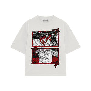 Playera streetwear premium de anime y gaming ExtraLife MX, corte boxy oversized drop shoulder heavyweight en color Deep Black y Off-White, moda urbana mexicana de culto.