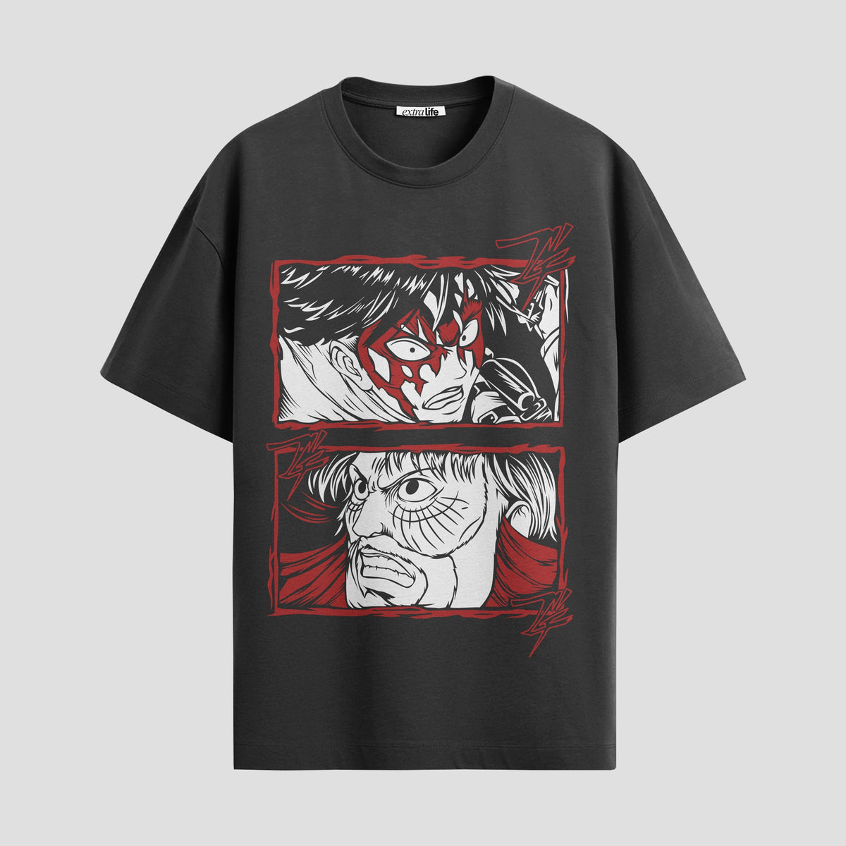 Playera urbana de anime y gaming ExtraLife MX, corte Classic Premium unisex ligero y transpirable en color Deep Black y Pure White, ropa de uso diario para gym y casual.