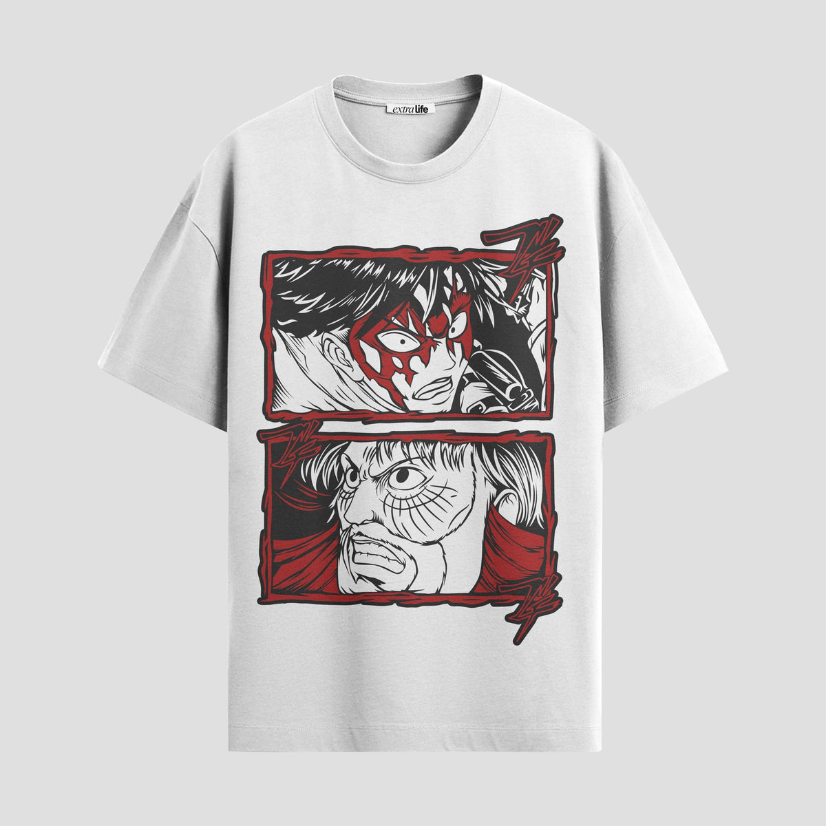 Playera urbana de anime y gaming ExtraLife MX, corte Classic Premium unisex ligero y transpirable en color Deep Black y Pure White, ropa de uso diario para gym y casual.