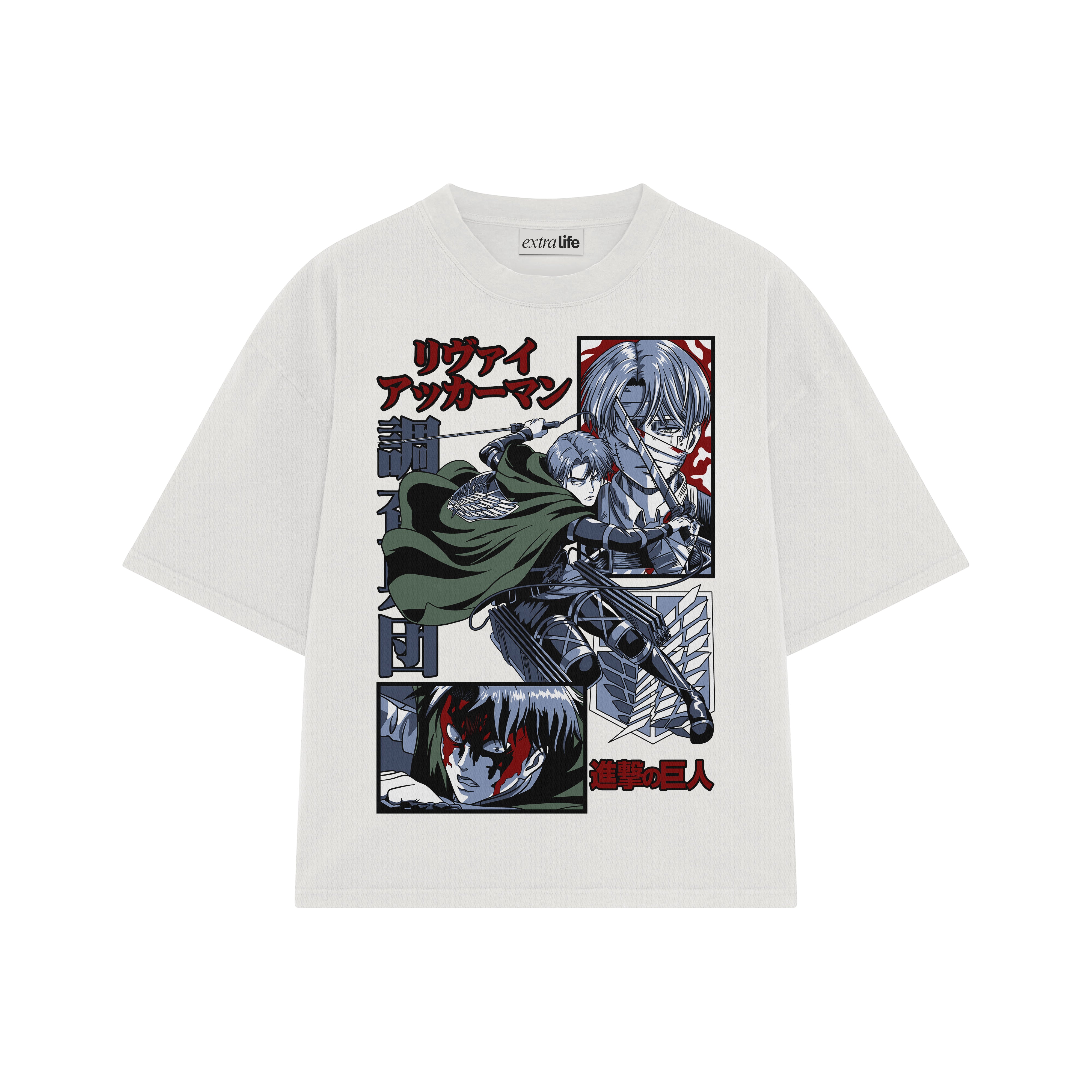 Playera streetwear premium de anime y gaming ExtraLife MX, corte boxy oversized drop shoulder heavyweight en color Deep Black y Off-White, moda urbana mexicana de culto.