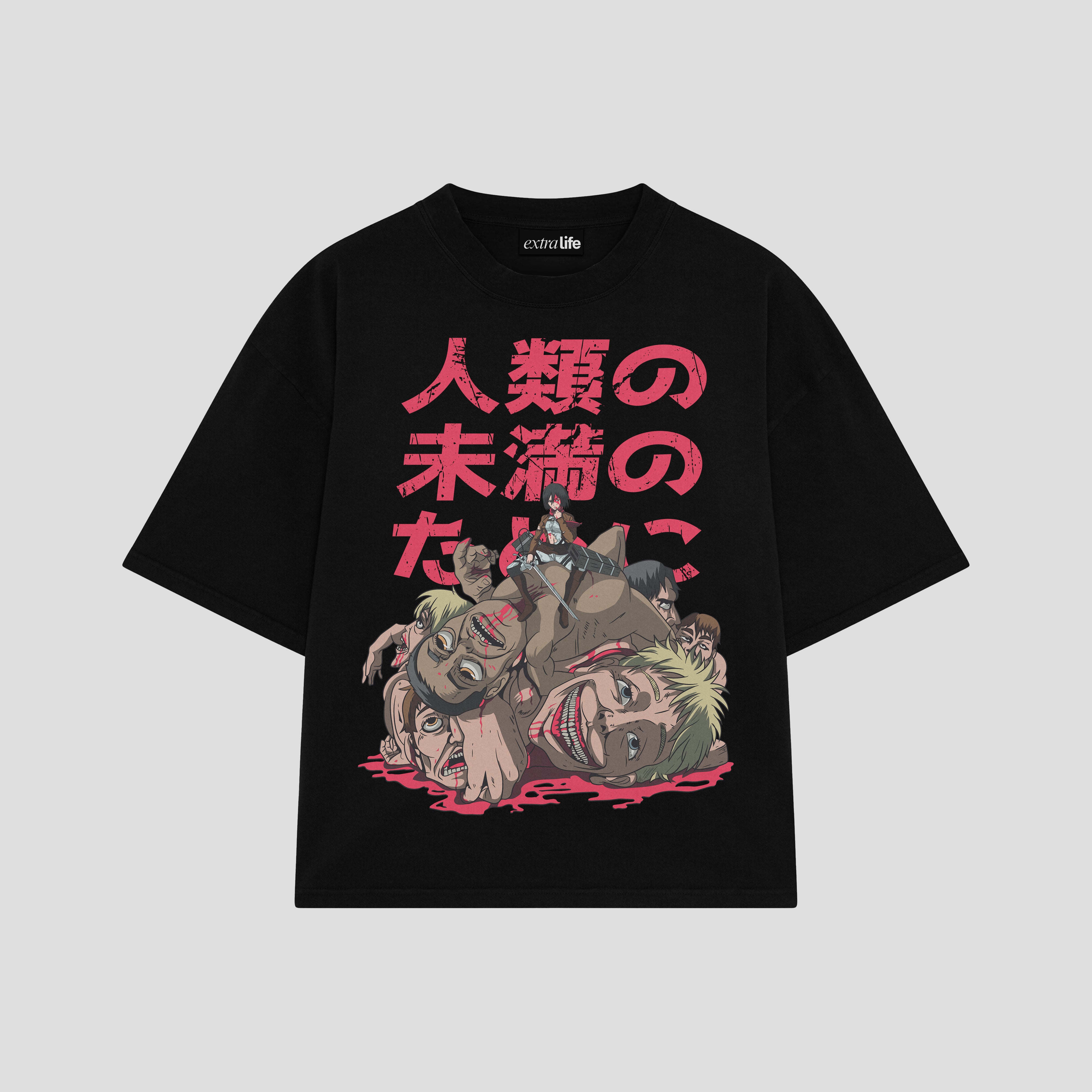 Playera streetwear premium de anime y gaming ExtraLife MX, corte boxy oversized drop shoulder heavyweight en color Deep Black y Off-White, moda urbana mexicana de culto.
