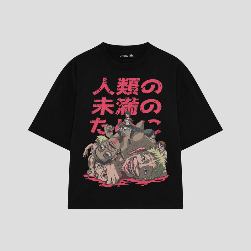 Playera streetwear premium de anime y gaming ExtraLife MX, corte boxy oversized drop shoulder heavyweight en color Deep Black y Off-White, moda urbana mexicana de culto.