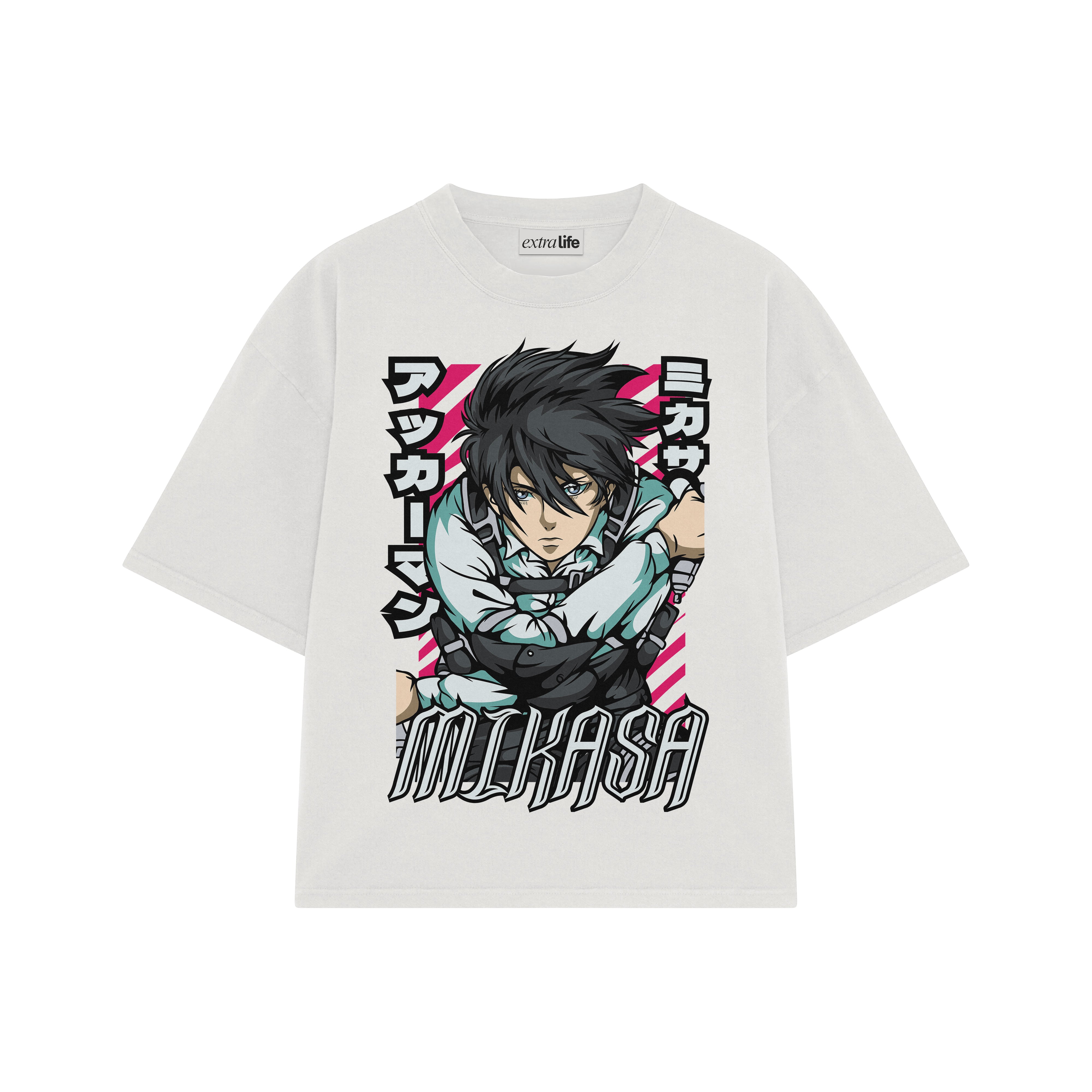 Playera streetwear premium de anime y gaming ExtraLife MX, corte boxy oversized drop shoulder heavyweight en color Deep Black y Off-White, moda urbana mexicana de culto.