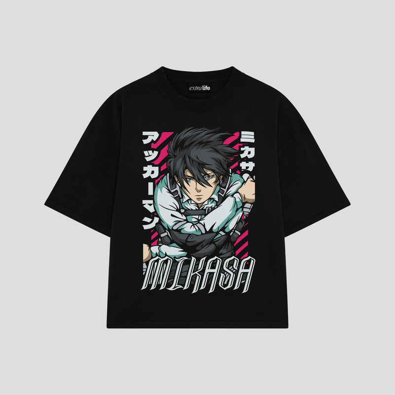 Playera streetwear premium de anime y gaming ExtraLife MX, corte boxy oversized drop shoulder heavyweight en color Deep Black y Off-White, moda urbana mexicana de culto.