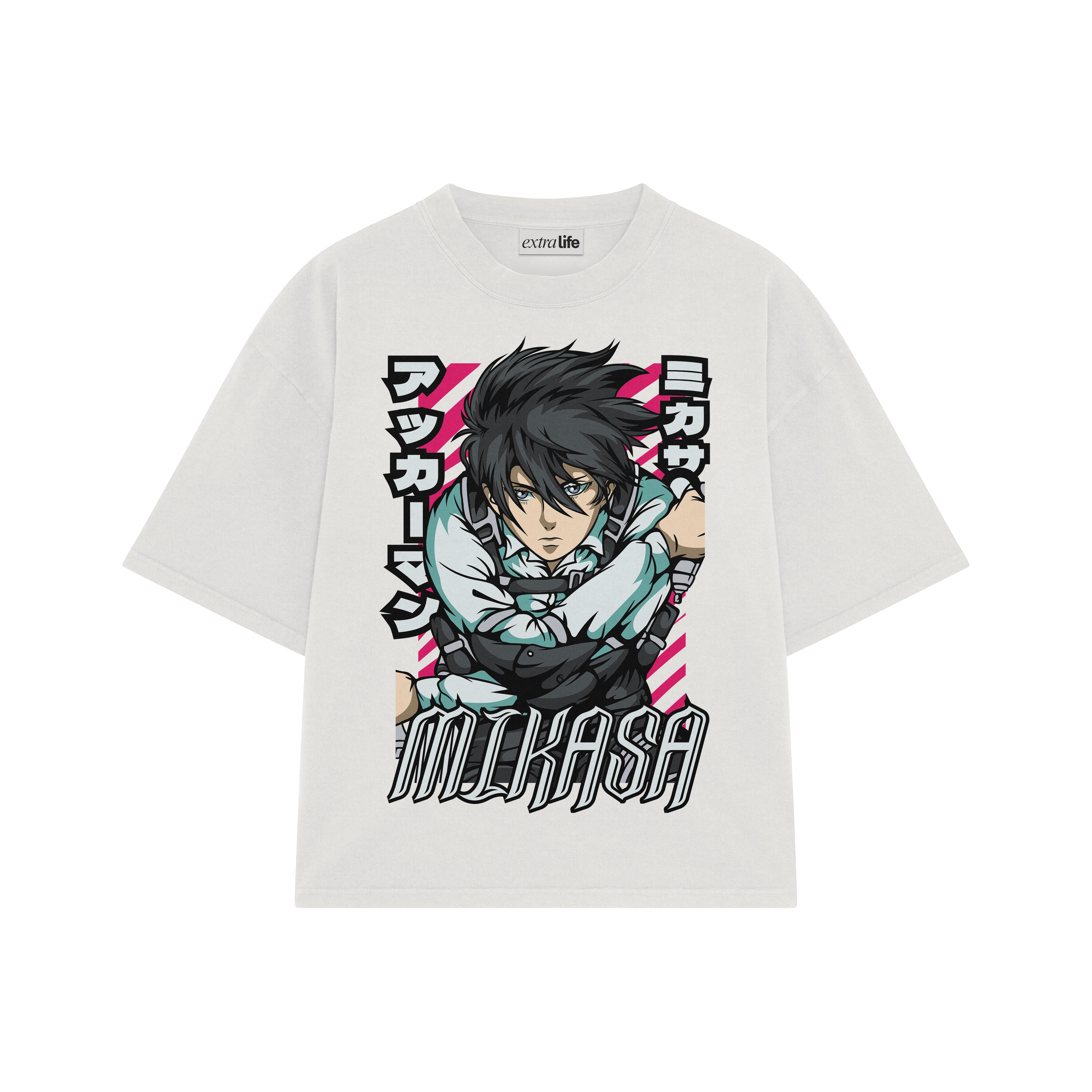 Playera streetwear premium de anime y gaming ExtraLife MX, corte boxy oversized drop shoulder heavyweight en color Deep Black y Off-White, moda urbana mexicana de culto.