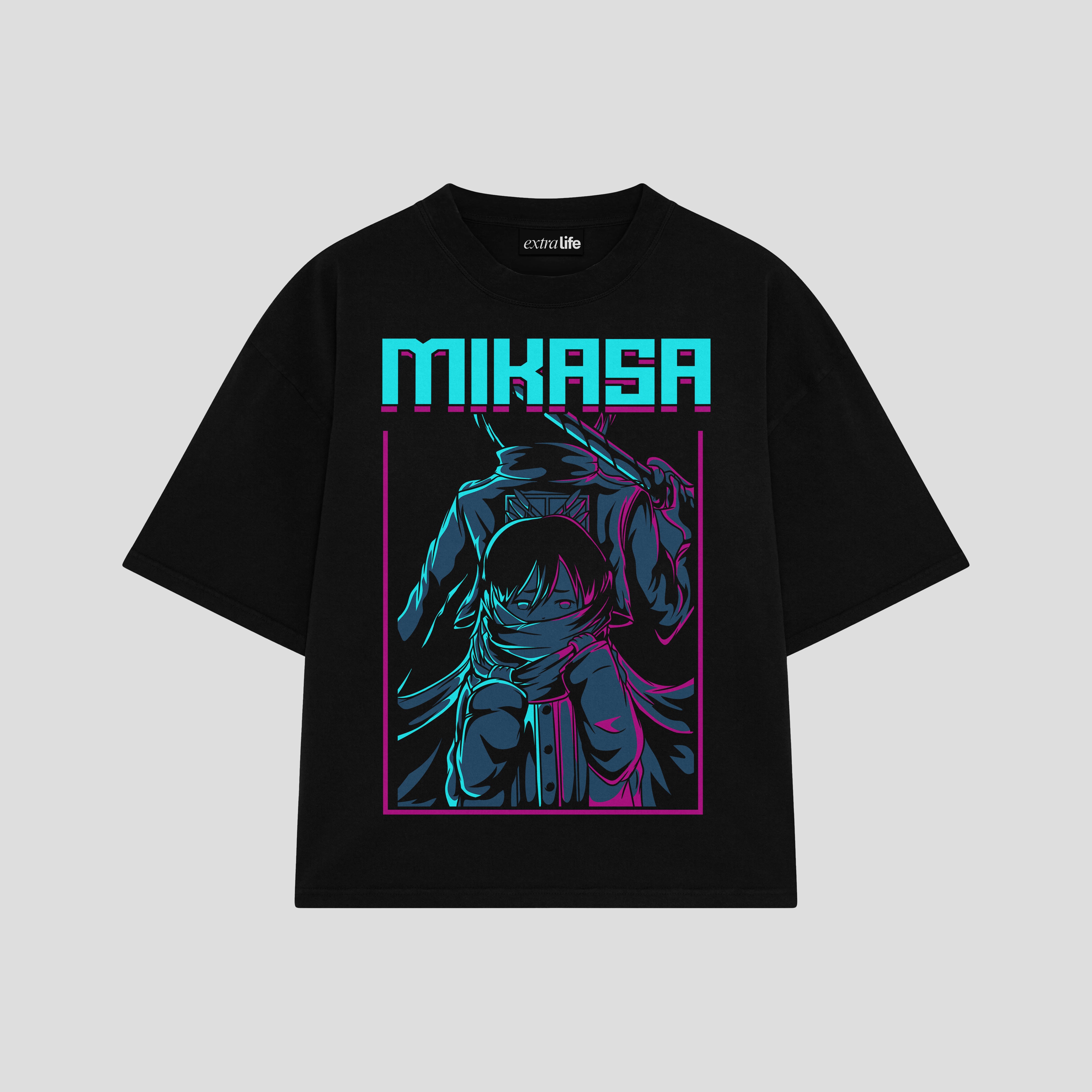 Playera streetwear premium de anime y gaming ExtraLife MX, corte boxy oversized drop shoulder heavyweight en color Deep Black y Off-White, moda urbana mexicana de culto.