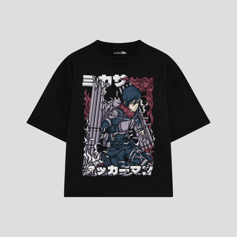 Playera streetwear premium de anime y gaming ExtraLife MX, corte boxy oversized drop shoulder heavyweight en color Deep Black y Off-White, moda urbana mexicana de culto.