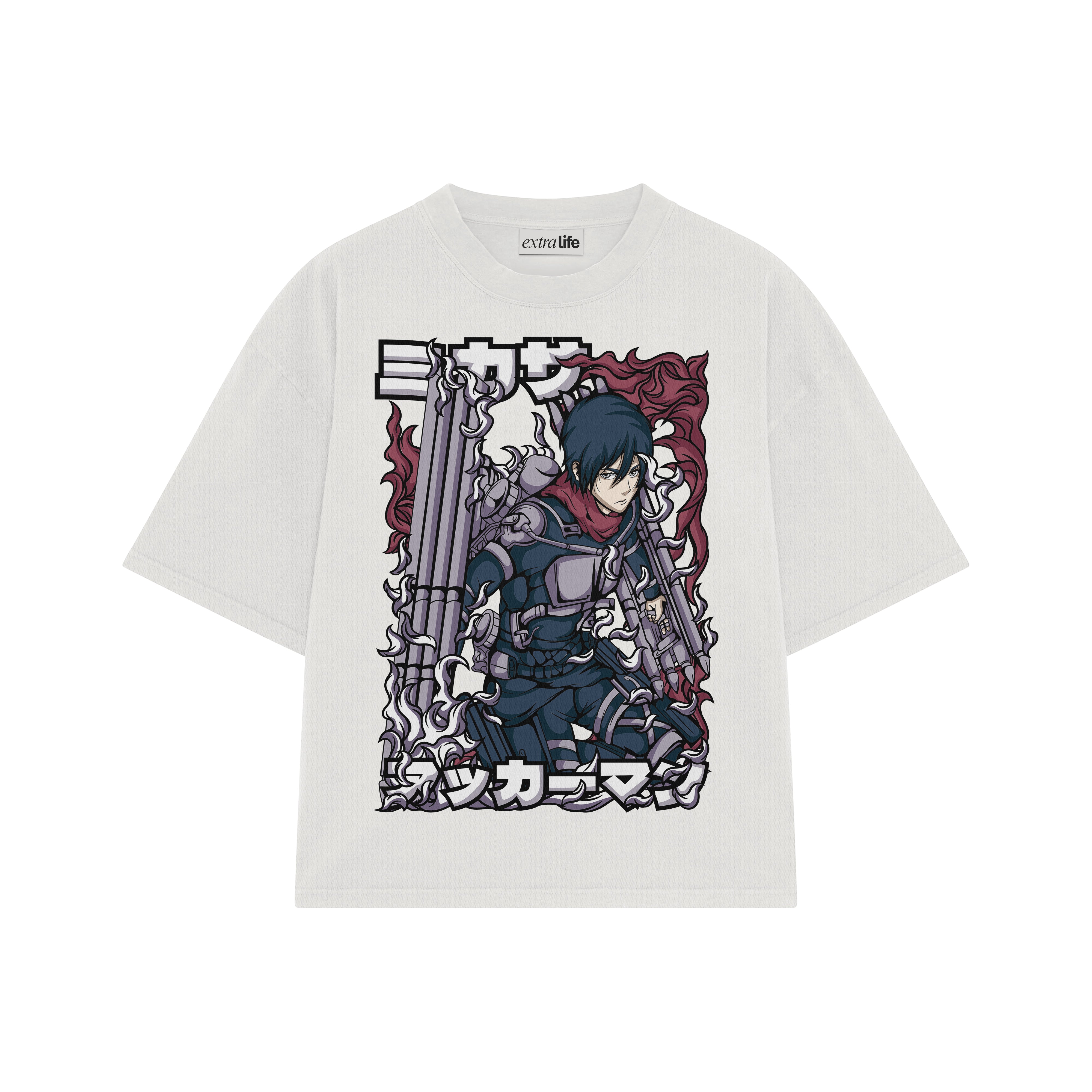 Playera streetwear premium de anime y gaming ExtraLife MX, corte boxy oversized drop shoulder heavyweight en color Deep Black y Off-White, moda urbana mexicana de culto.