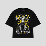 Playera streetwear premium de anime y gaming ExtraLife MX, corte boxy oversized drop shoulder heavyweight en color Deep Black y Off-White, moda urbana mexicana de culto.