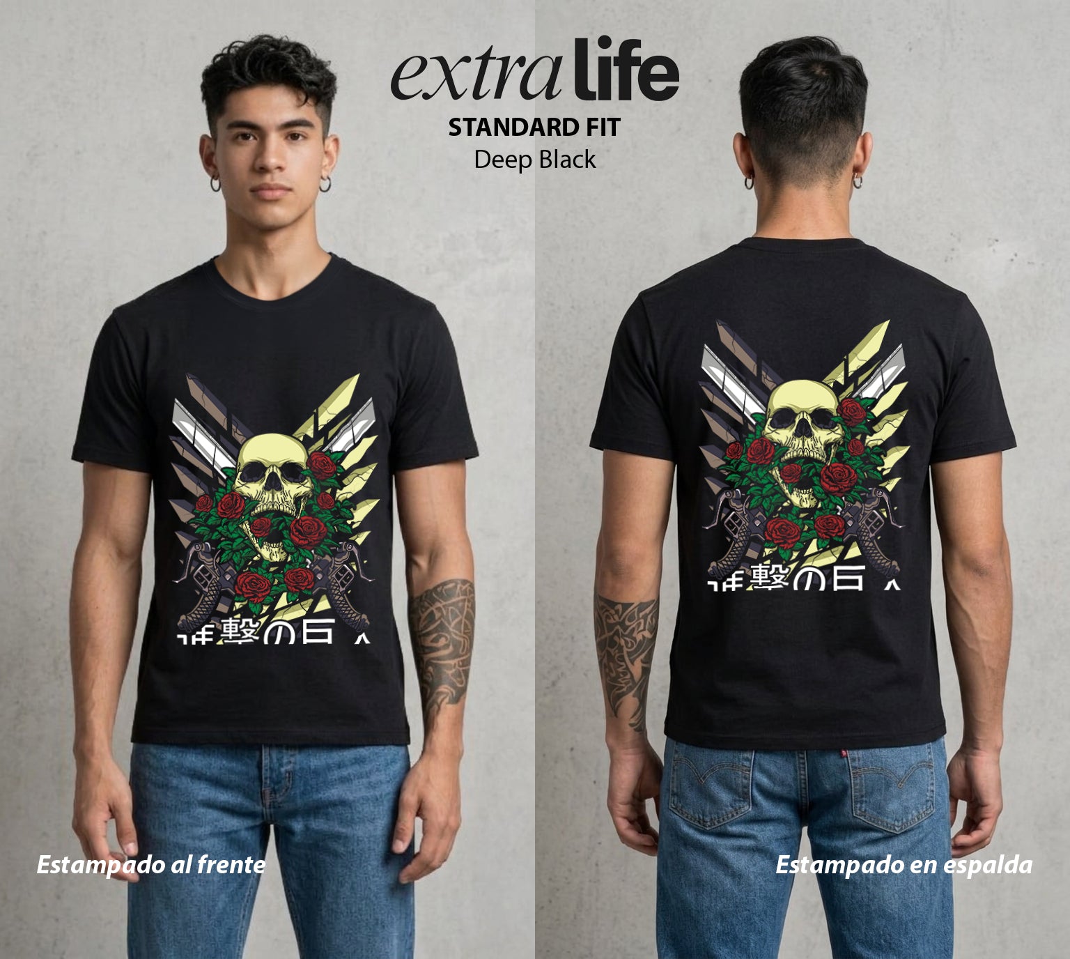 Mas Alla del Muro | Las Hojas del Viento #00131 - Playera Standard Fit | Deep Black - Foto en modelo