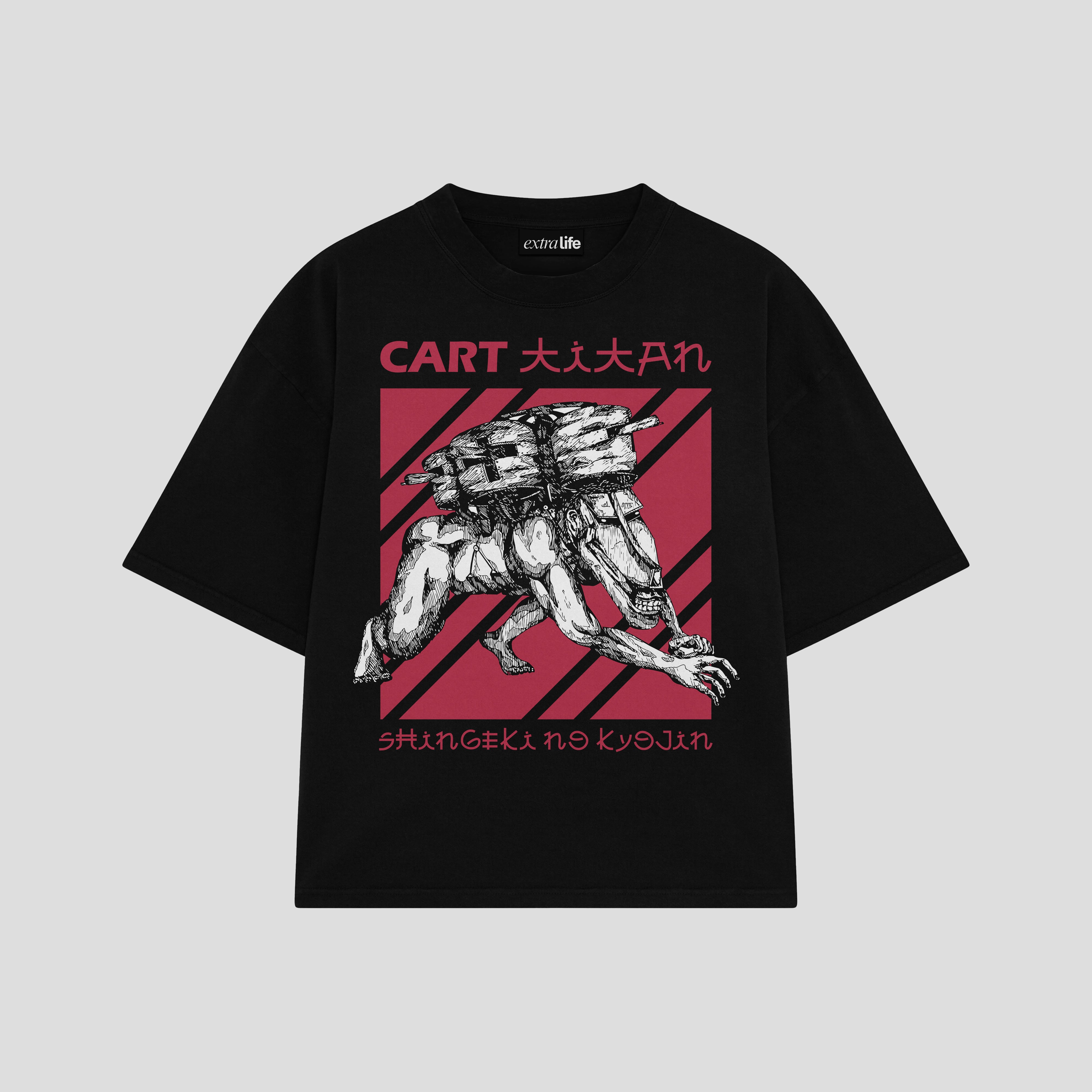 Playera streetwear premium de anime y gaming ExtraLife MX, corte boxy oversized drop shoulder heavyweight en color Deep Black y Off-White, moda urbana mexicana de culto.