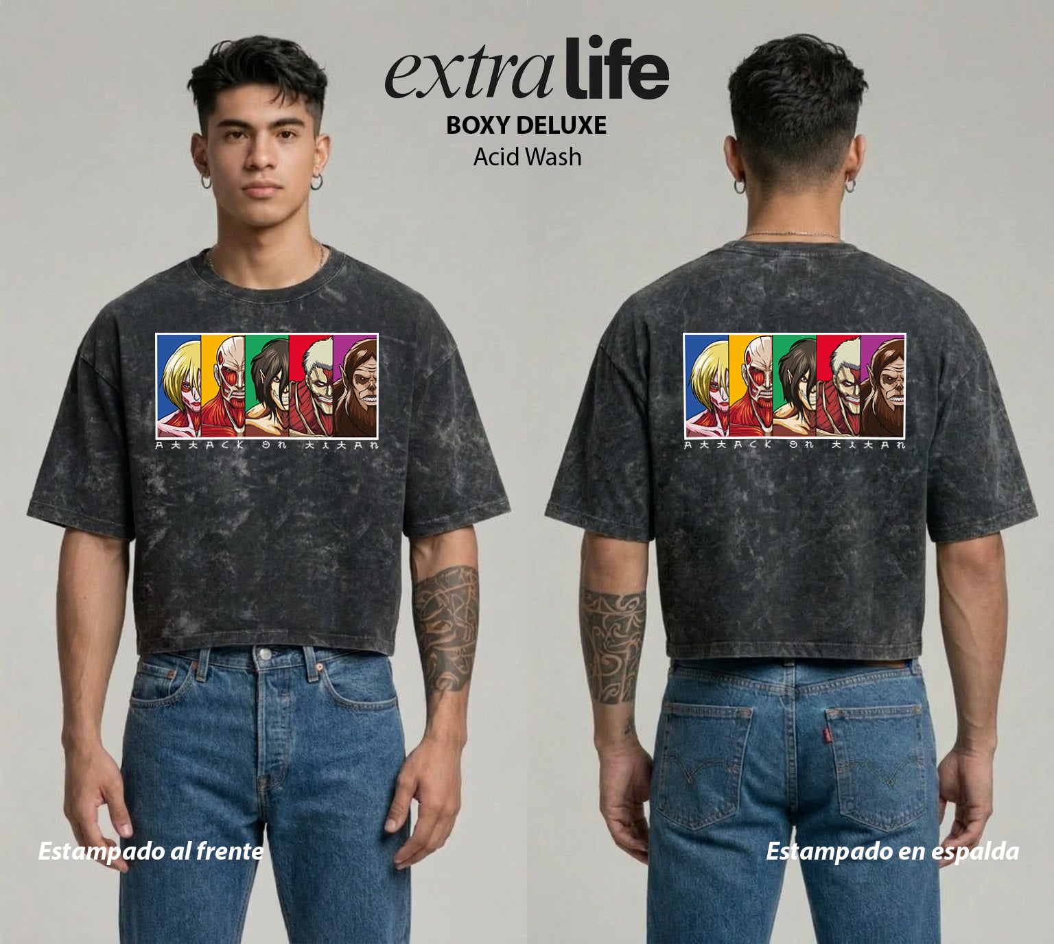 Playera streetwear premium de anime y gaming ExtraLife MX, corte boxy deluxe mineral wash heavyweight en color Acid Wash, moda urbana mexicana de culto.