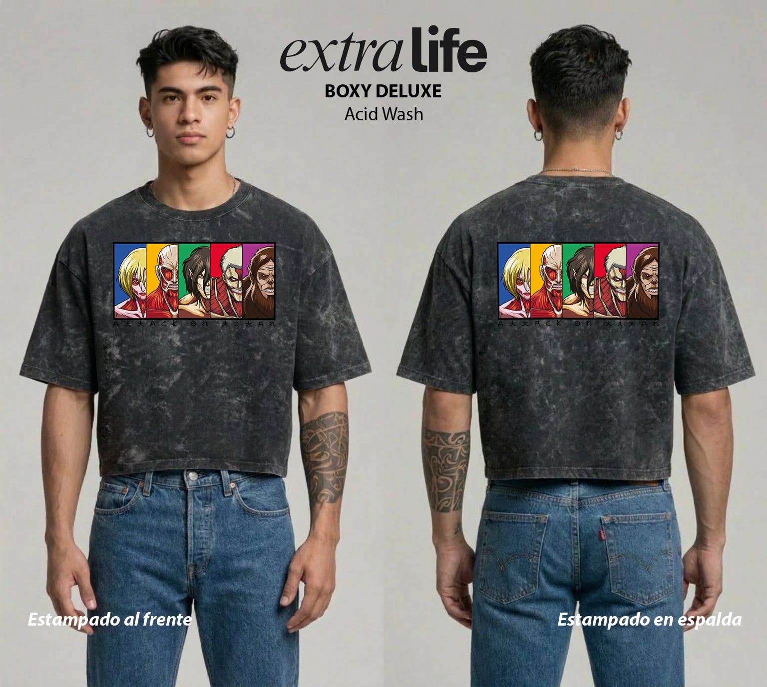 Playera streetwear premium de anime y gaming ExtraLife MX, corte boxy deluxe mineral wash heavyweight en color Acid Wash, moda urbana mexicana de culto.