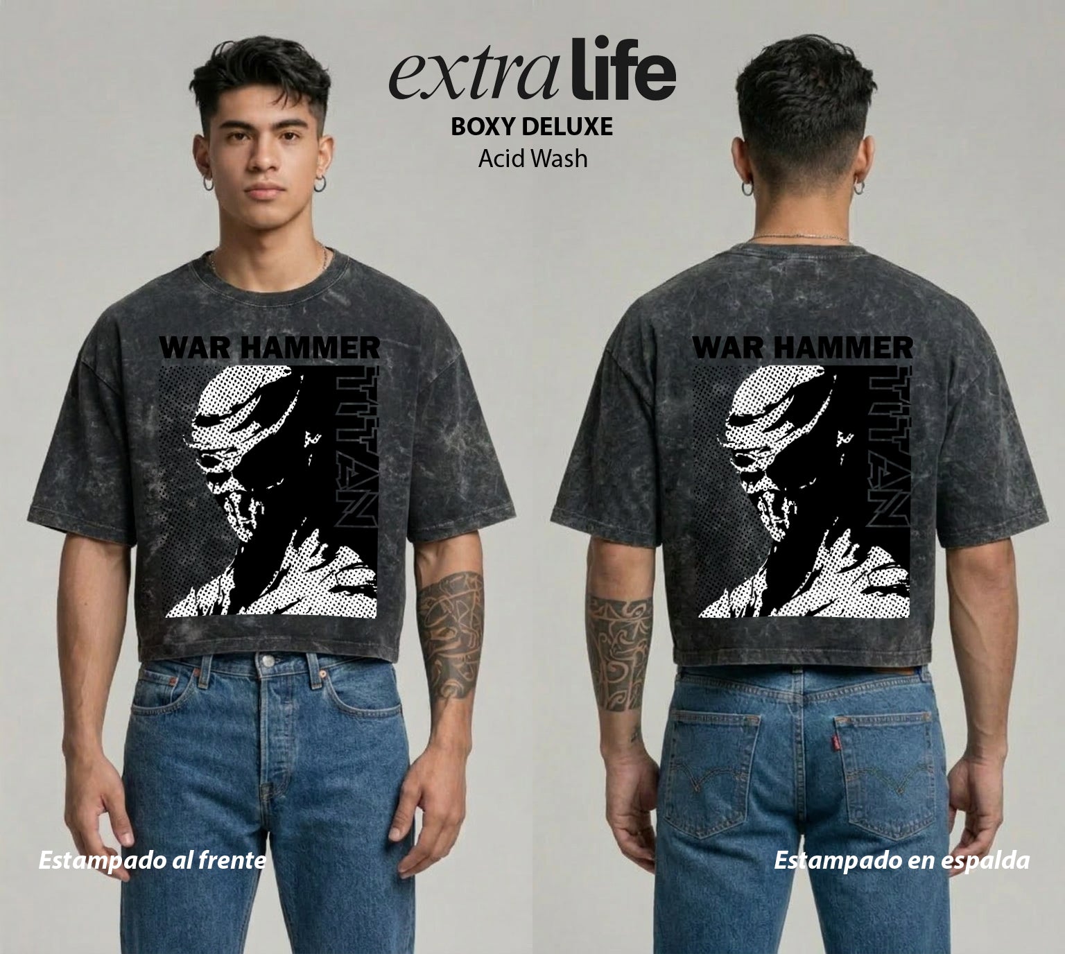 Playera streetwear premium de anime y gaming ExtraLife MX, corte boxy deluxe mineral wash heavyweight en color Acid Wash, moda urbana mexicana de culto.