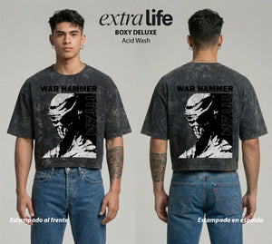 Playera streetwear premium de anime y gaming ExtraLife MX, corte boxy deluxe mineral wash heavyweight en color Acid Wash, moda urbana mexicana de culto.