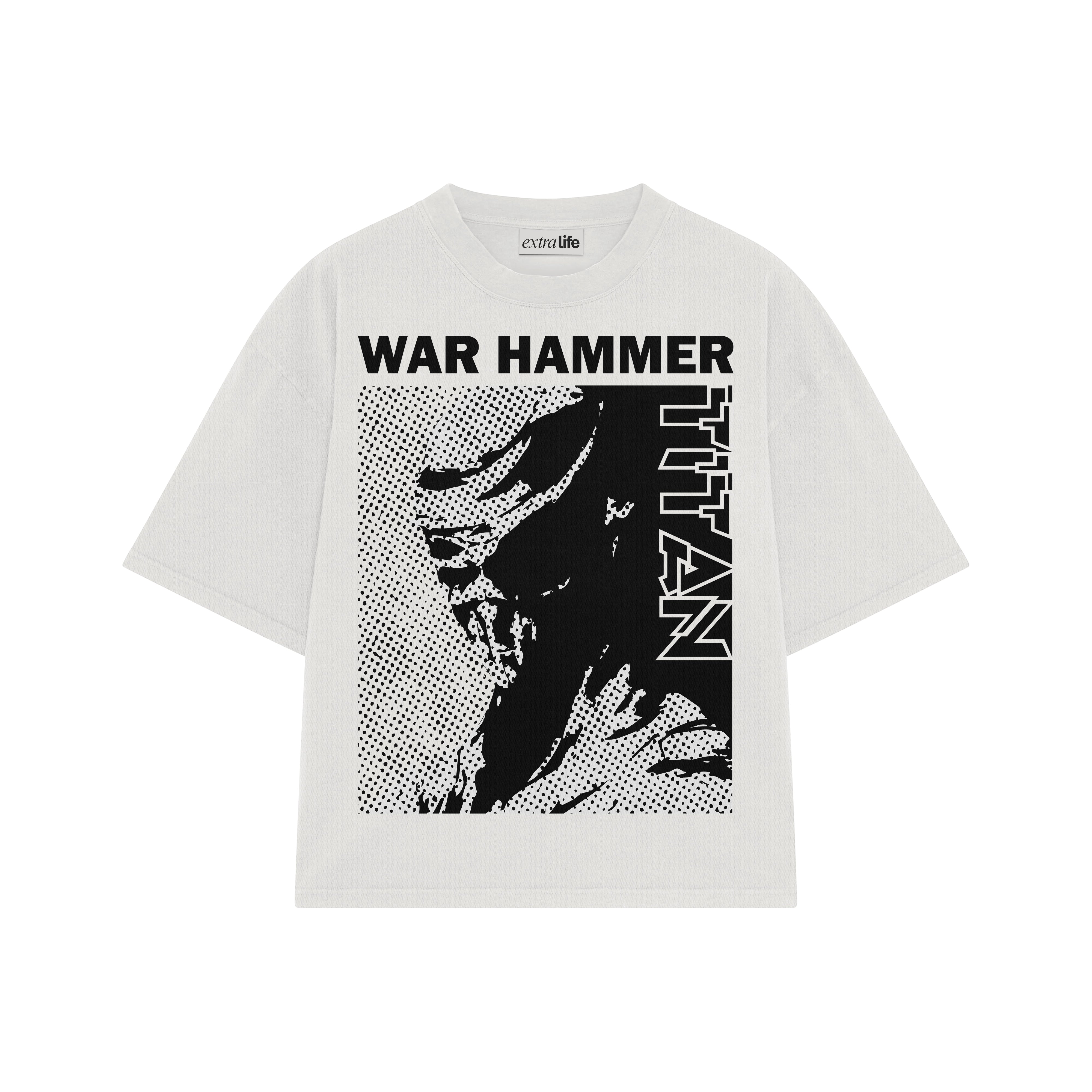 Playera streetwear premium de anime y gaming ExtraLife MX, corte boxy oversized drop shoulder heavyweight en color Deep Black y Off-White, moda urbana mexicana de culto.