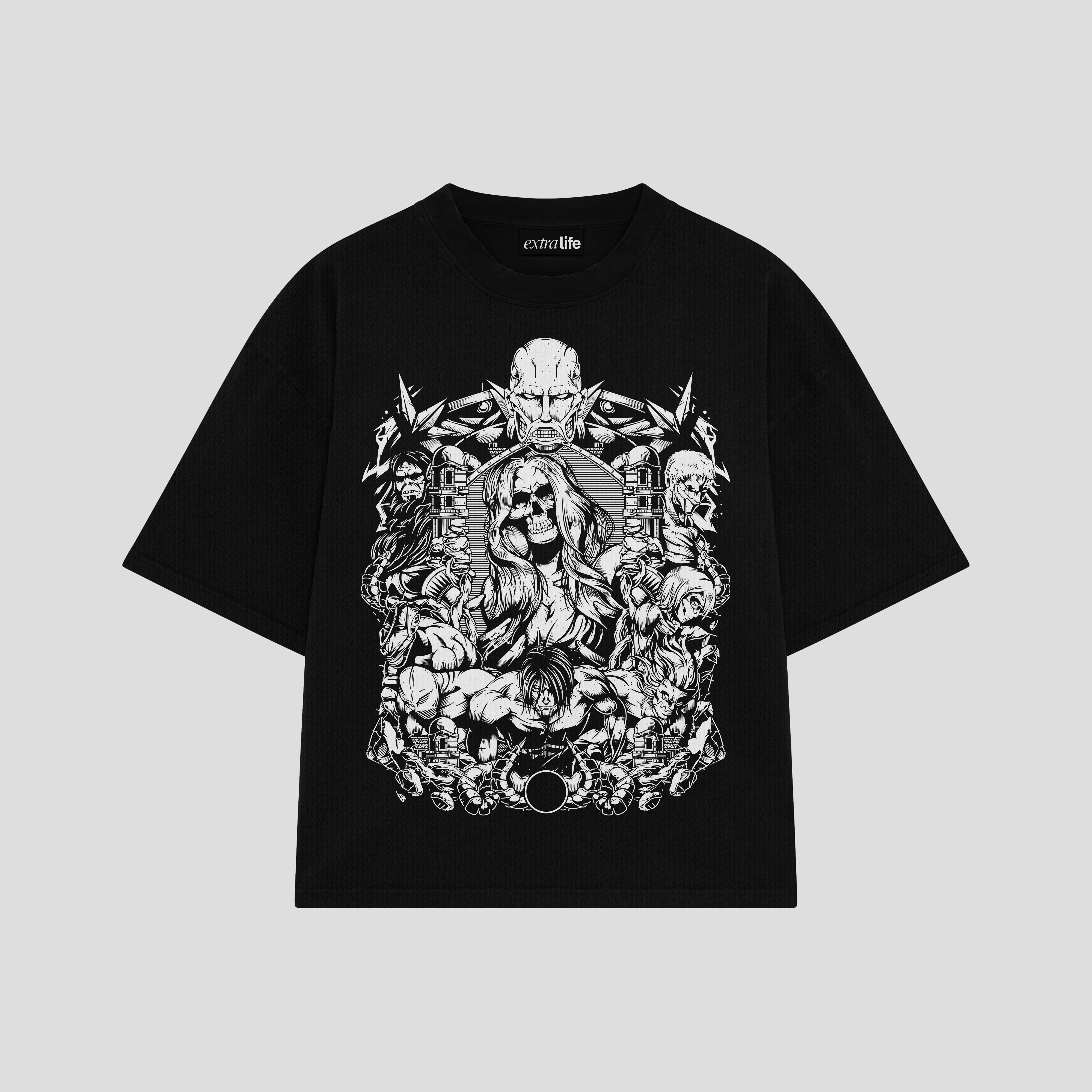 Playera streetwear premium de anime y gaming ExtraLife MX, corte boxy oversized drop shoulder heavyweight en color Deep Black y Off-White, moda urbana mexicana de culto.