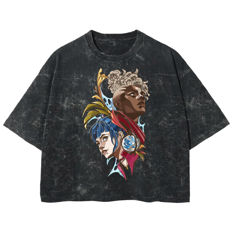 Playera streetwear premium de anime y gaming ExtraLife MX, corte boxy deluxe mineral wash heavyweight en color Acid Wash, moda urbana mexicana de culto.