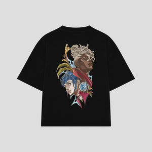 Playera streetwear premium de anime y gaming ExtraLife MX, corte boxy oversized drop shoulder heavyweight en color Deep Black y Off-White, moda urbana mexicana de culto.