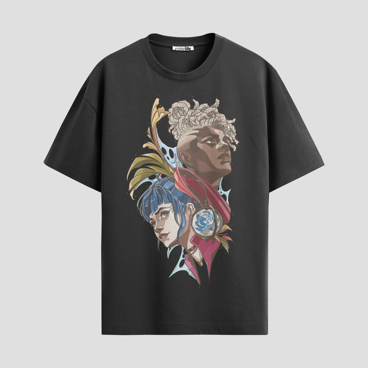 Playera urbana de anime y gaming ExtraLife MX, corte Classic Premium unisex ligero y transpirable en color Deep Black y Pure White, ropa de uso diario para gym y casual.