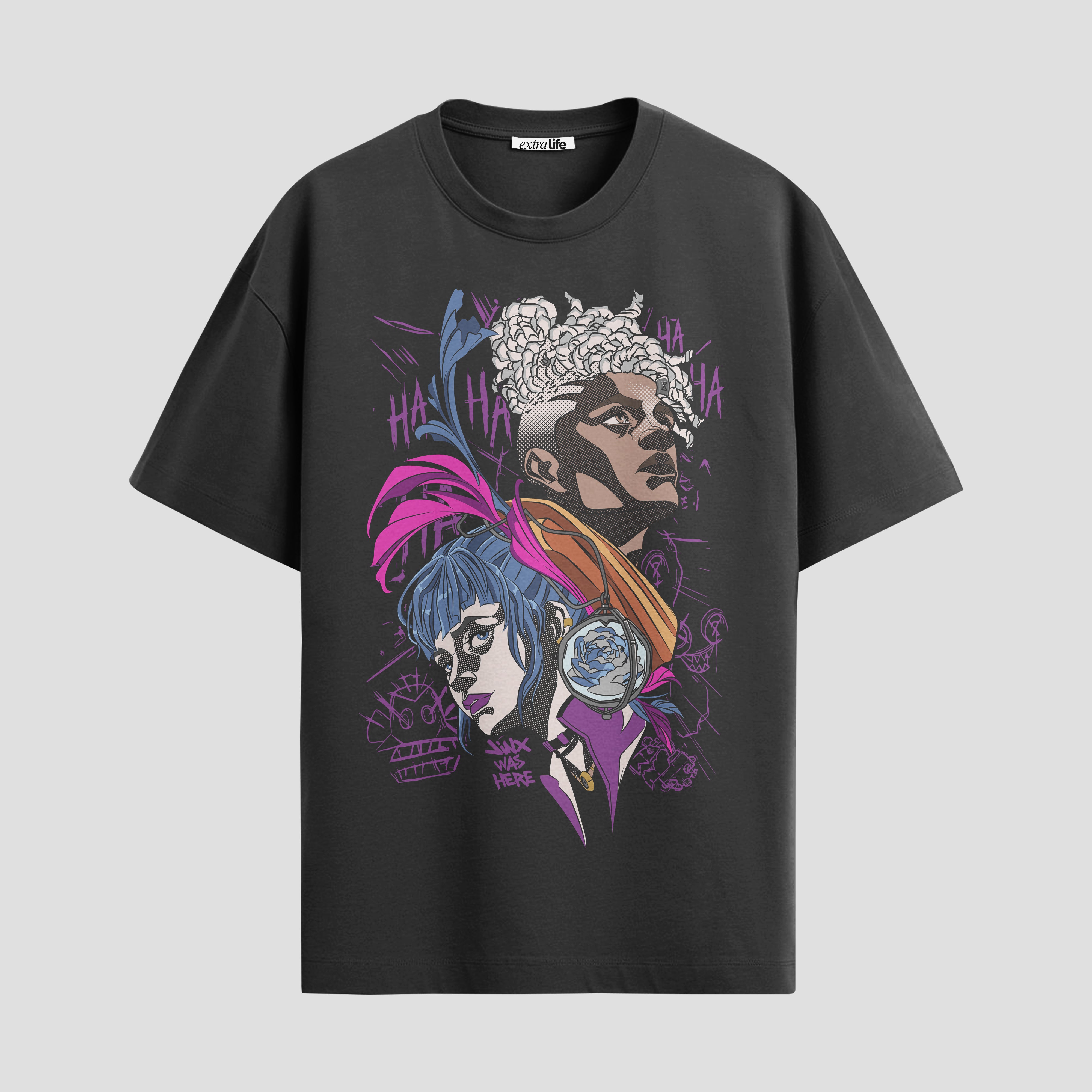 Playera urbana de anime y gaming ExtraLife MX, corte Standard Fit unisex ligero y transpirable en color Deep Black y Pure White, ropa de uso diario para gym y casual.
