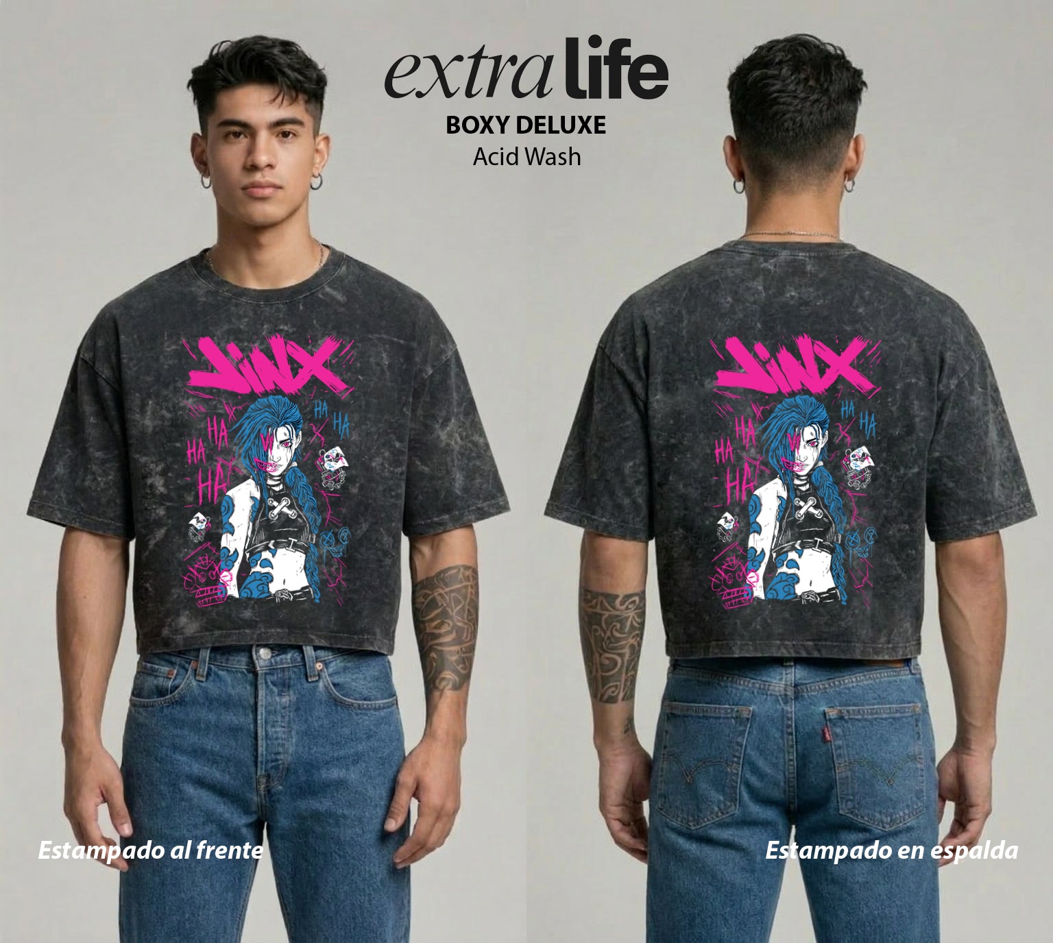 Playera streetwear premium de anime y gaming ExtraLife MX, corte boxy deluxe mineral wash heavyweight en color Acid Wash, moda urbana mexicana de culto.