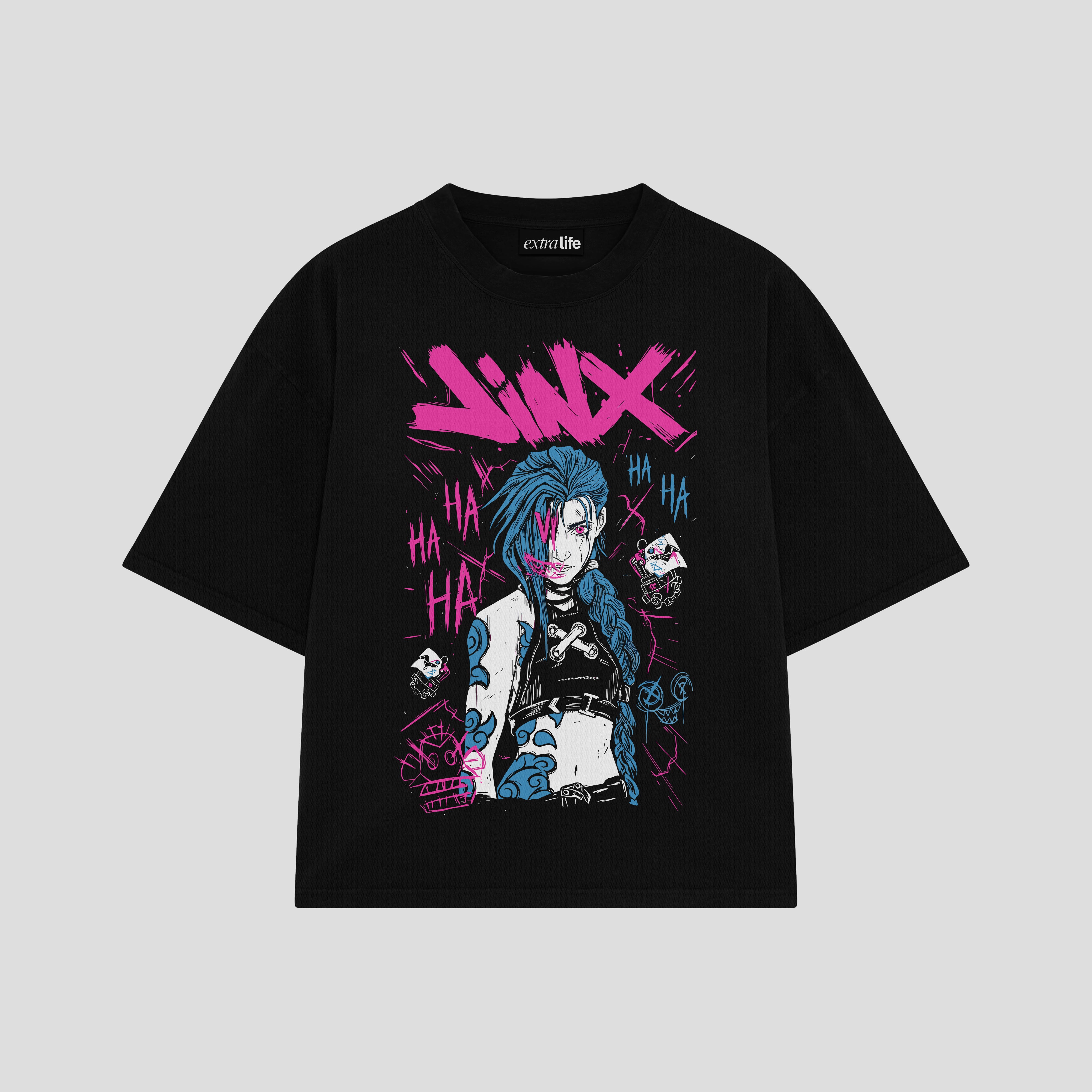 Playera streetwear premium de anime y gaming ExtraLife MX, corte boxy oversized drop shoulder heavyweight en color Deep Black y Off-White, moda urbana mexicana de culto.